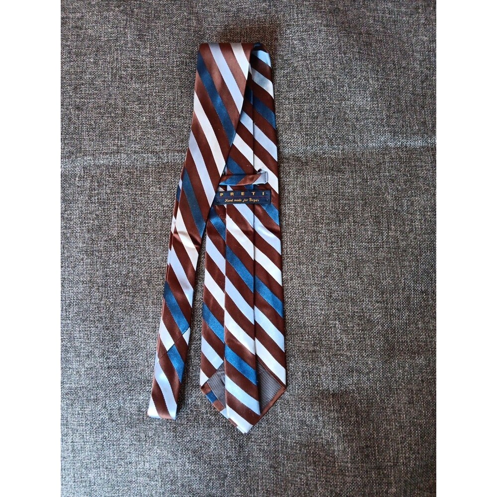 Tie 70s 80s 90s Y2K Mens Preti Silk Brown Blue Stripe 3.75 Wide 70 Long